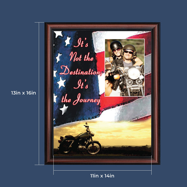 Harley Davidson Gifts for Men and Women, Patriotic Harley Accessories, Harley Davidson Wedding Gifts, Sunset American Flag for Harley Riders, "It's Not the Destination" Unique Motorcycle Decor, 5028
