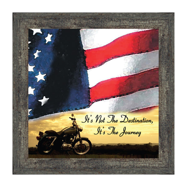 Harley Davidson Gifts for Men and Women, Patriotic Harley Accessories, Harley Davidson Wedding Gifts, Sunset American Flag for Harley Riders, "It's Not the Destination" Unique Motorcycle Decor, 8554