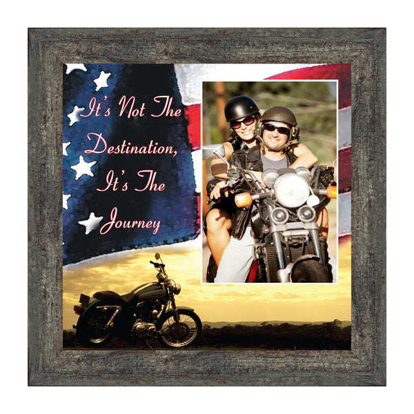 Harley Davidson Gifts for Men and Women, Patriotic Harley Accessories, Harley Davidson Wedding Gifts, Sunset American Flag for Harley Riders, "It's Not the Destination" Unique Motorcycle Decor, 9752