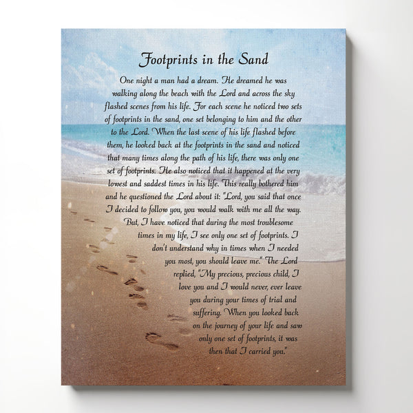 Footprints in the Sand Wall Decor, Footprints in the Sand Inspirational Wall Art, Beach Decor, Christian Gifts for Men and Women Chrisitan Wall Decor, Canvas Frame, Sympathy Gift C2102