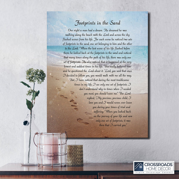 Footprints in the Sand Wall Decor, Footprints in the Sand Inspirational Wall Art, Beach Decor, Christian Gifts for Men and Women Chrisitan Wall Decor, Canvas Frame, Sympathy Gift C2102