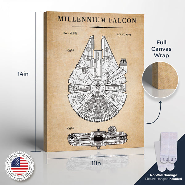 Millennium Falcon Patent Print, Vintage Star Vehicle Prints Wall Art, Vintage Art Wars Canvas Prints, Ready To Hang for Living Room Home Wall Decor, C2155