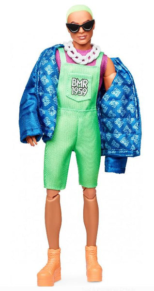 Barbie BMR1959 Ken Fully Poseable Fashion Doll with Neon Hair, in Neon Overalls and Puffer Jacket, with Accessories and Doll Stand