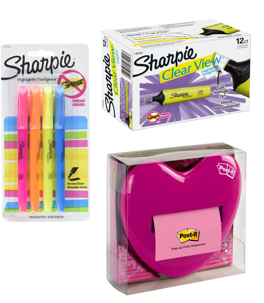 Office Bundle Post-It Pop Up Heart Note Dispenser, Sharpie Clear View Yellow Highlighter 12 Pack & 4 Pack Sharpie Highlighter Pens Asst. Colors
