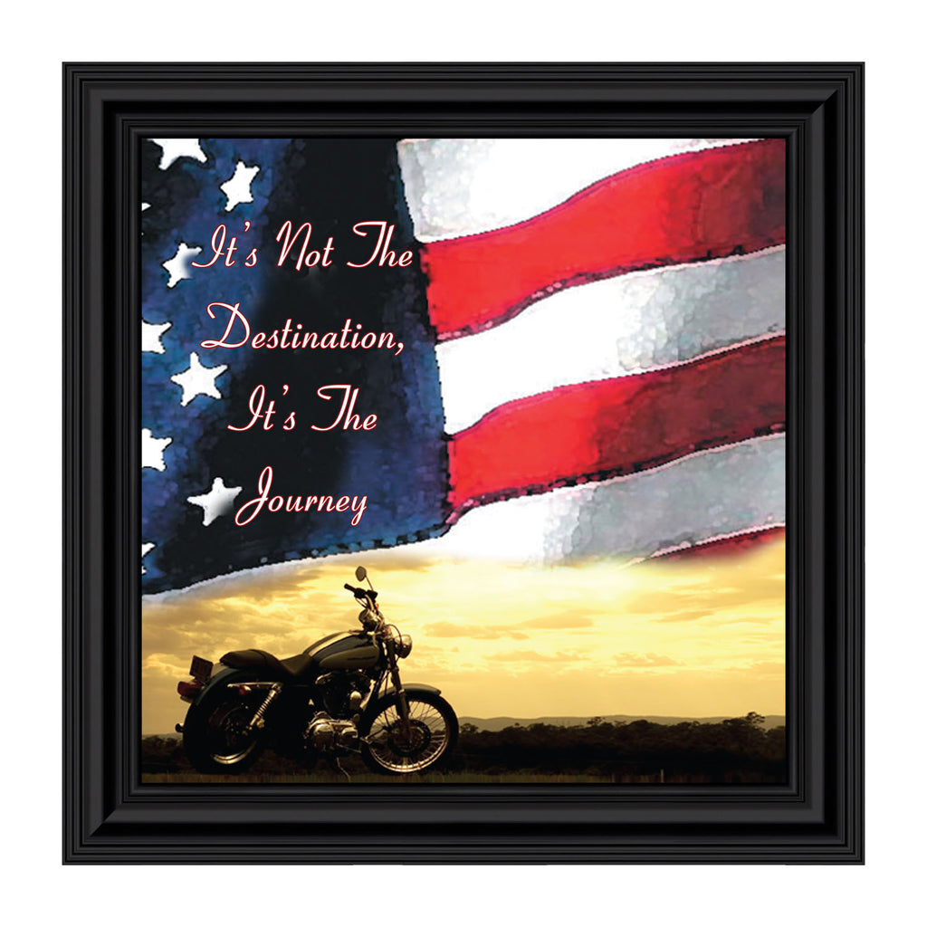 Harley Davidson Gifts for Men and Women, Patriotic Harley Accessories, Harley Davidson Wedding Gifts, Sunset American Flag for Harley Riders, "It's Not the Destination" Unique Motorcycle Decor, 8552
