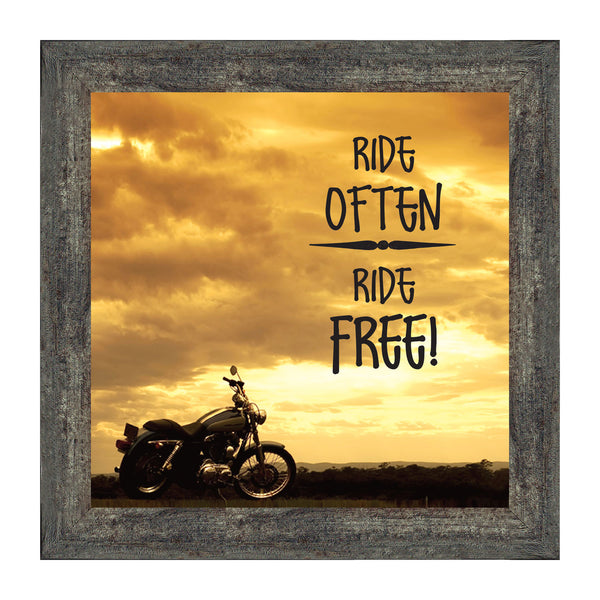 Classic Motorcycle Bikers "Ride Often, Ride Free" Sunset with Picture Frame,  10x10 8563