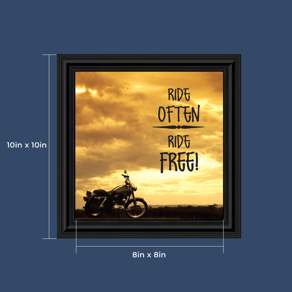 Classic Motorcycle Bikers "Ride Often, Ride Free" Sunset with Picture Frame,  10x10 8563
