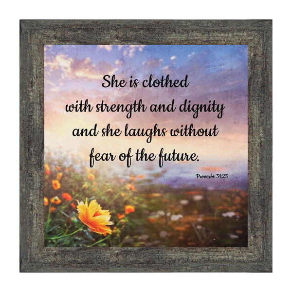 Proverbs 31 Woman, She is Clothed with Strength and Dignity Gift, Christian Home Decor Framed Wall Art, 10x10, 6428