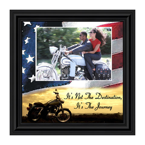 Harley Davidson Gifts for Men and Women, Patriotic Harley Accessories, Harley Davidson Wedding Gifts, Sunset American Flag for Harley Riders, "It's Not the Destination" Unique Motorcycle Decor, 9754
