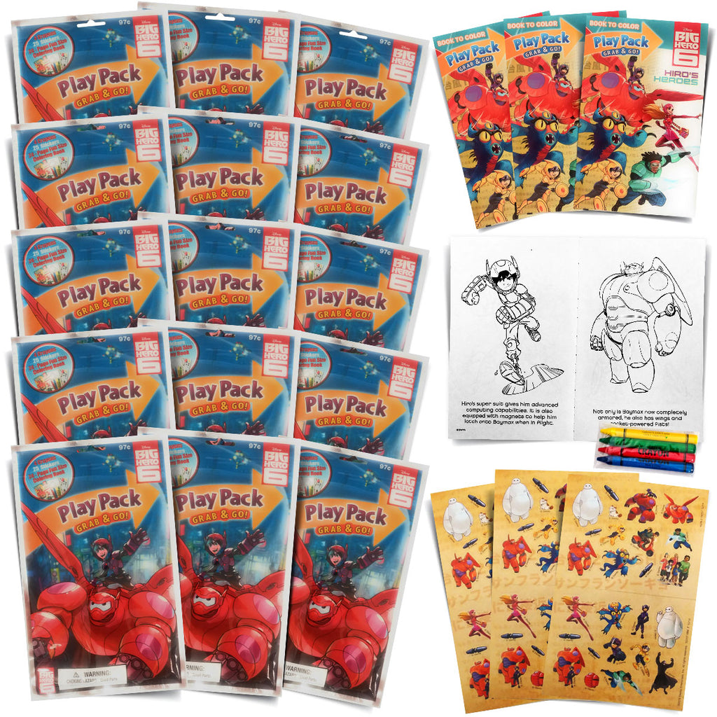 Set of 15 Big Hero Six Packs Fun Party Favors or Classroom Set of Coloring Book Stickers with Big Hero 6 Themed Game Idea Guide and Thank You Notes