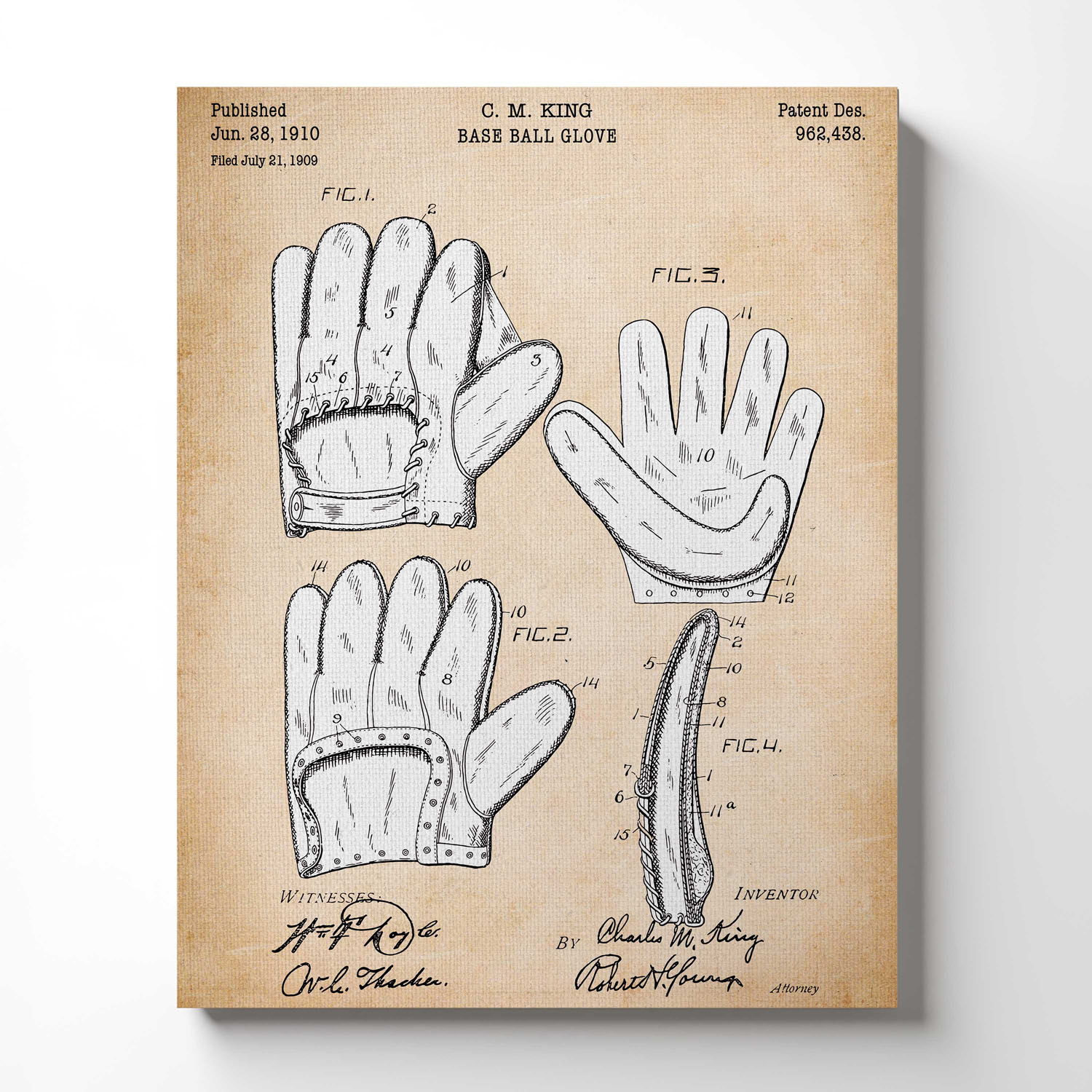 Baseball Wall Decor, Baseball Glove Patent Canvas Print, Ready To Hang for Living Room Home Wall Decor C2312