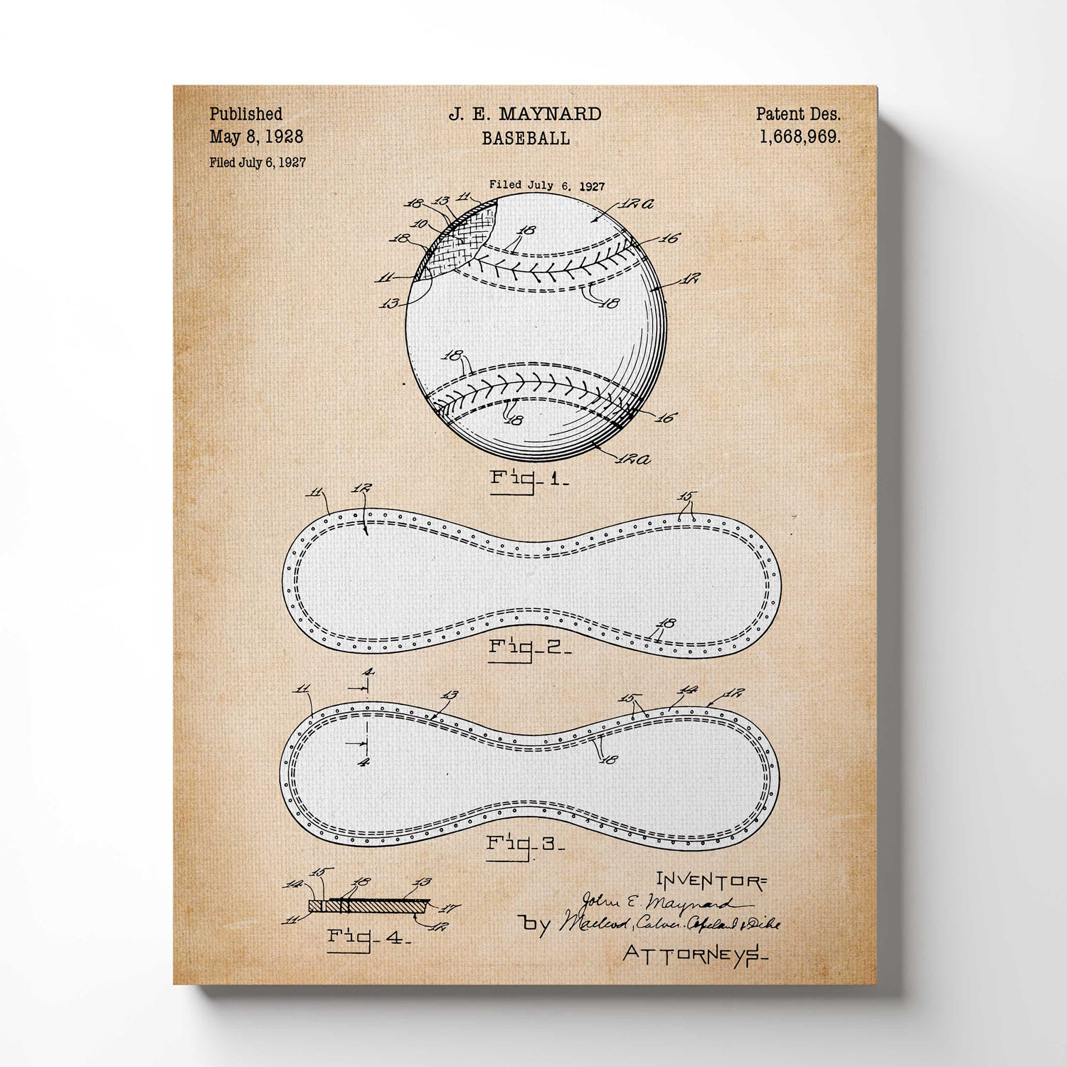 Baseball Decorations for Room, Baseball Patent Canvas Print, Ready To Hang for Living Room Home Wall Decor, C2313b