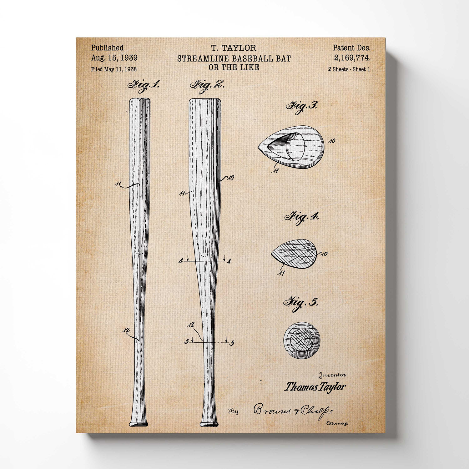 Baseball Bedroom Decor, Baseball Bat Patent Canvas Print, Ready To Hang for Living Room Home Wall Decor,C2313c