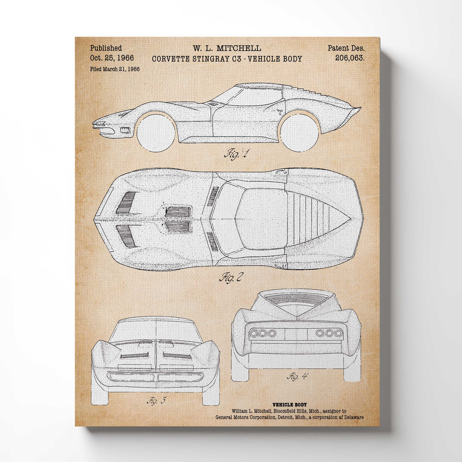 Corvette Wall Art, Corvette Stingray Poster, Stingray Patent Canvas Print, Ready To Hang for Living Room Home Wall Decor, C2317