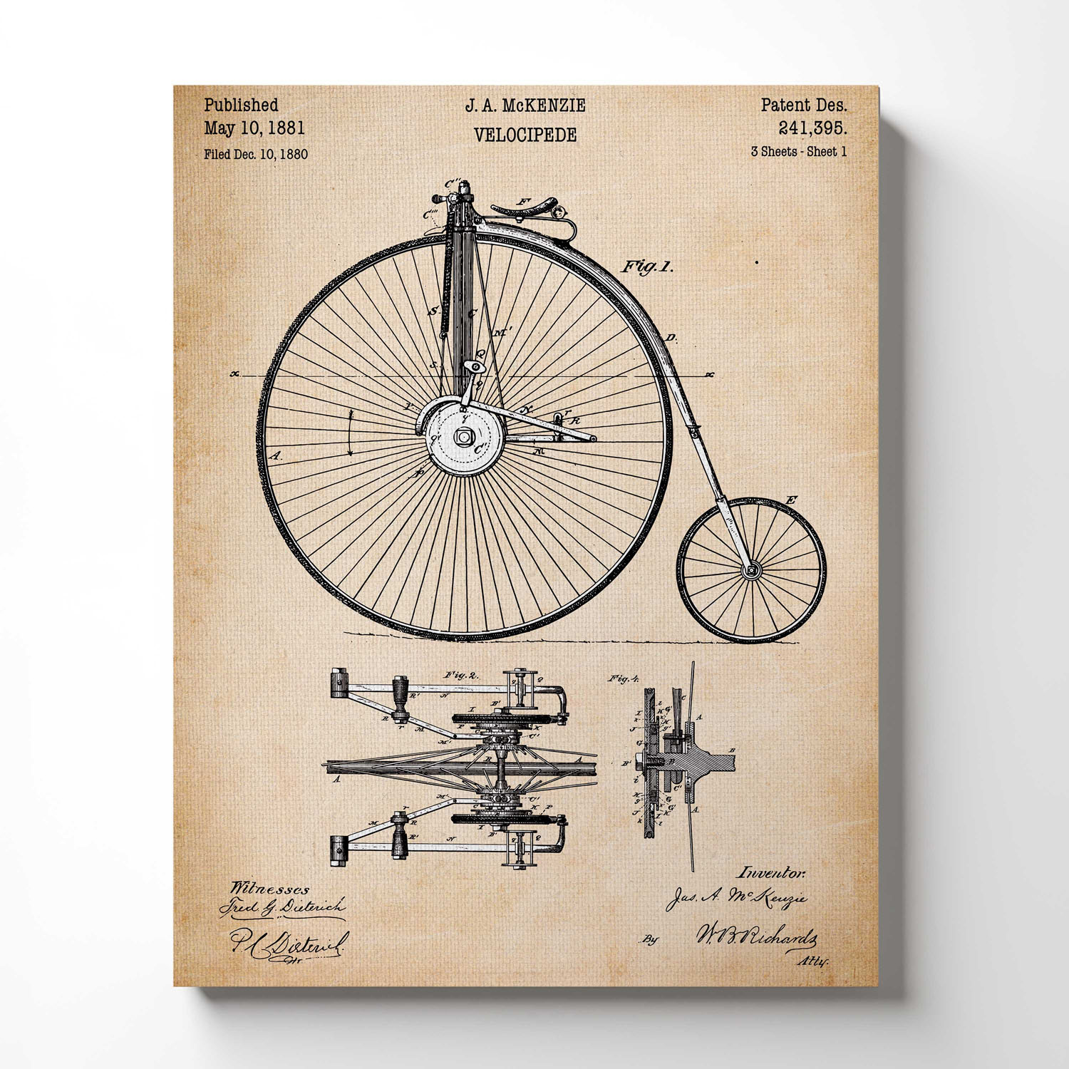 Bicycle Gifts, Velocipede Bike Patent Canvas Print, Ready To Hang for Living Room Home Wall Decor, C2390
