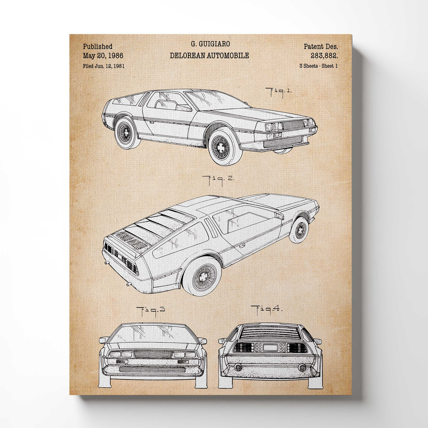 Delorean Back to the Future Car, Delorean Patent Canvas Print, Ready To Hang for Living Room Home Wall Decor, C2503