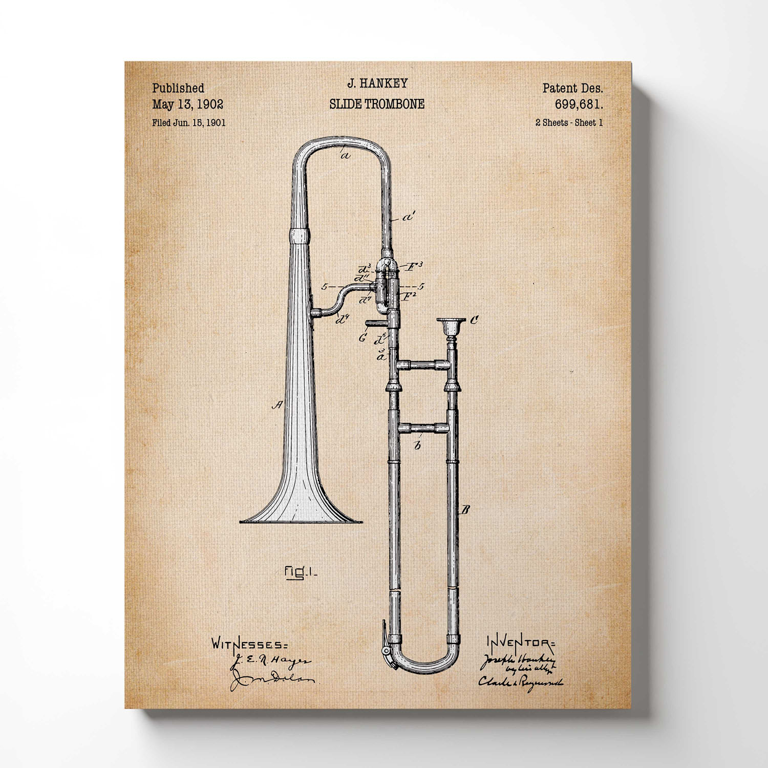 Trombone Gifts for Teen Boys, Trombone Patent Canvas Print, Ready To Hang for Living Room Home Wall Decor, C2589
