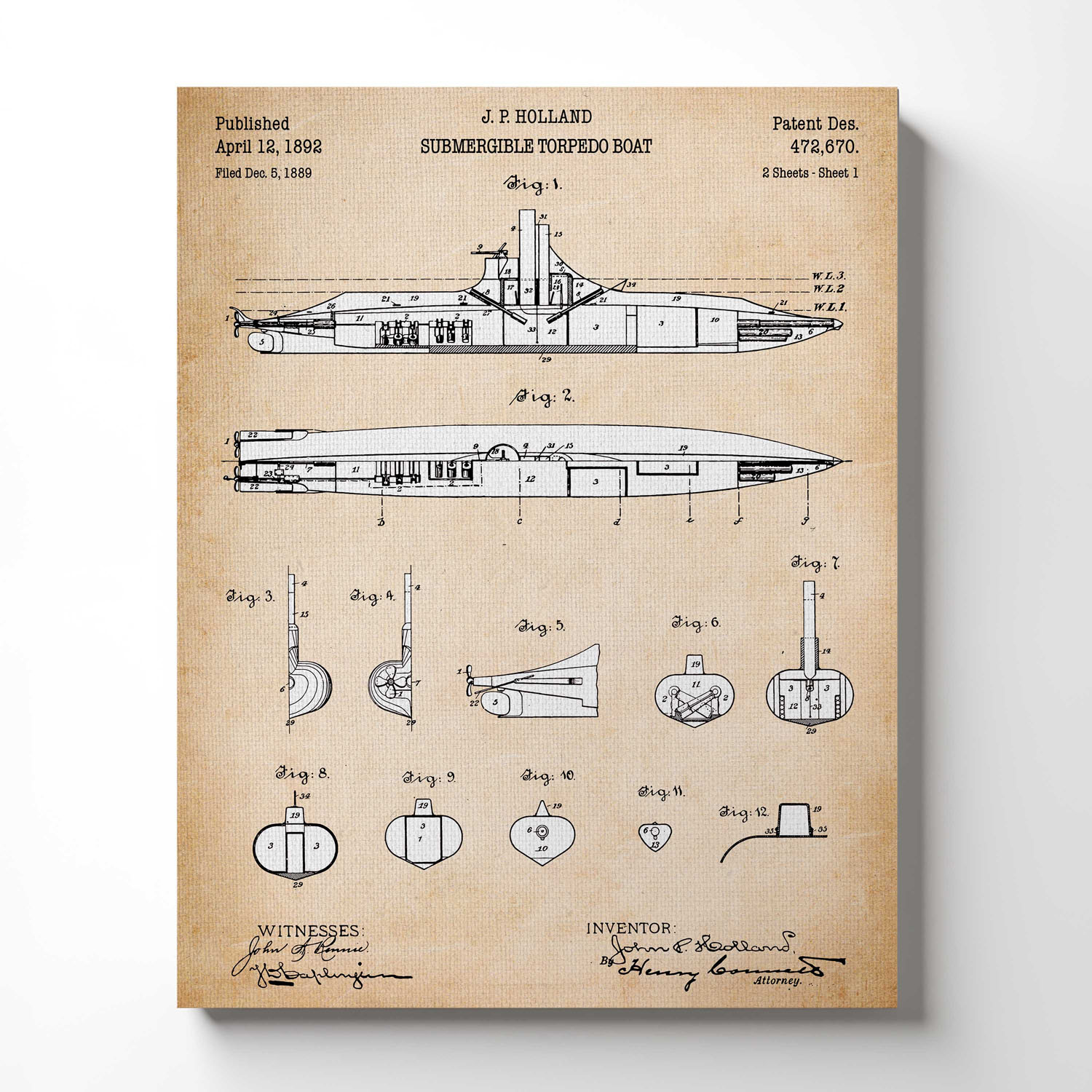 Submarine Decor, Submariner Gifts, Vintage Submarine Patent Canvas Print , Ready To Hang for Living Room Home Wall Decor, C2602