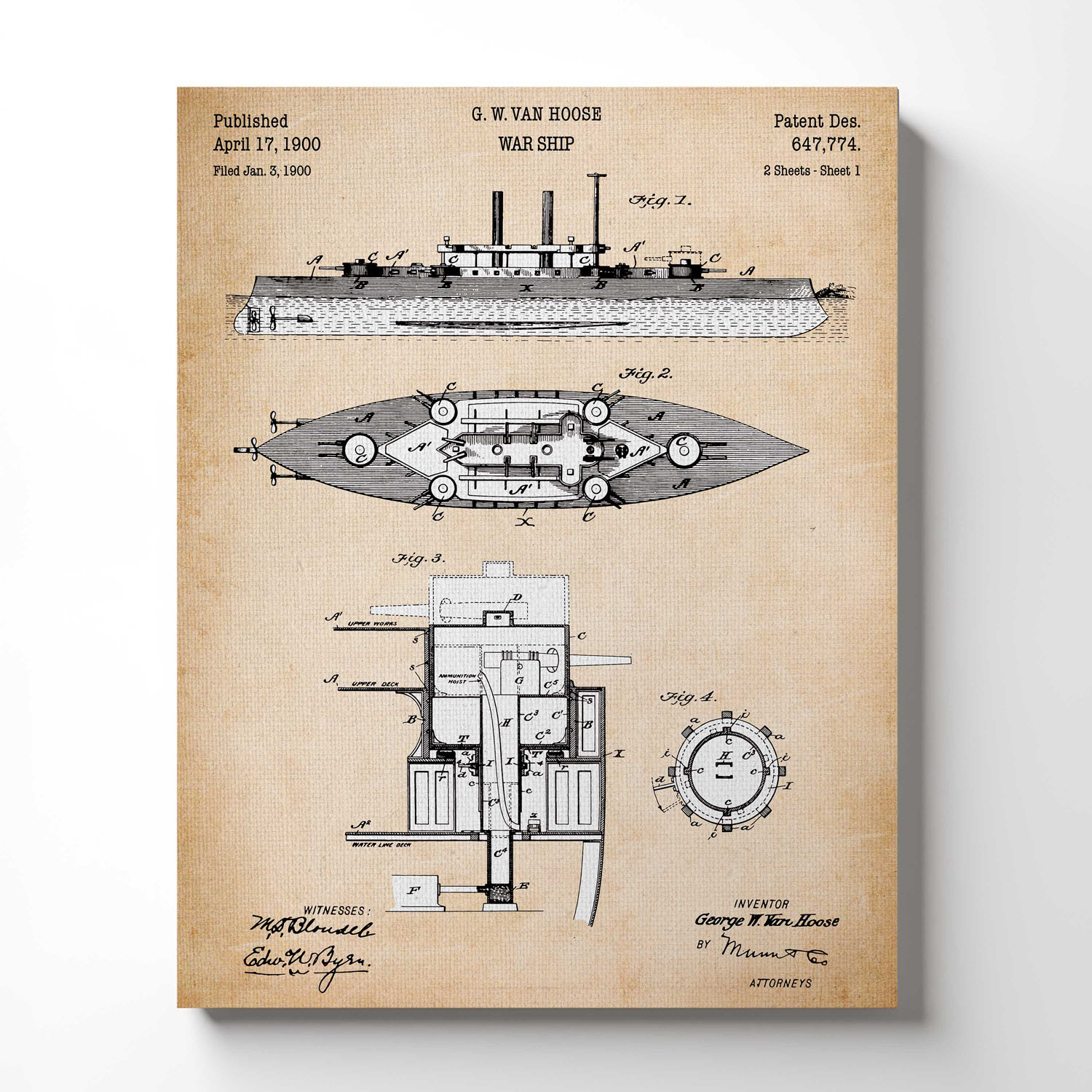 Battleship Decor, Navy Wall Art, Vintage Battleship Patent Canvas Print, Ready To Hang for Living Room Home Wall Decor, C2604