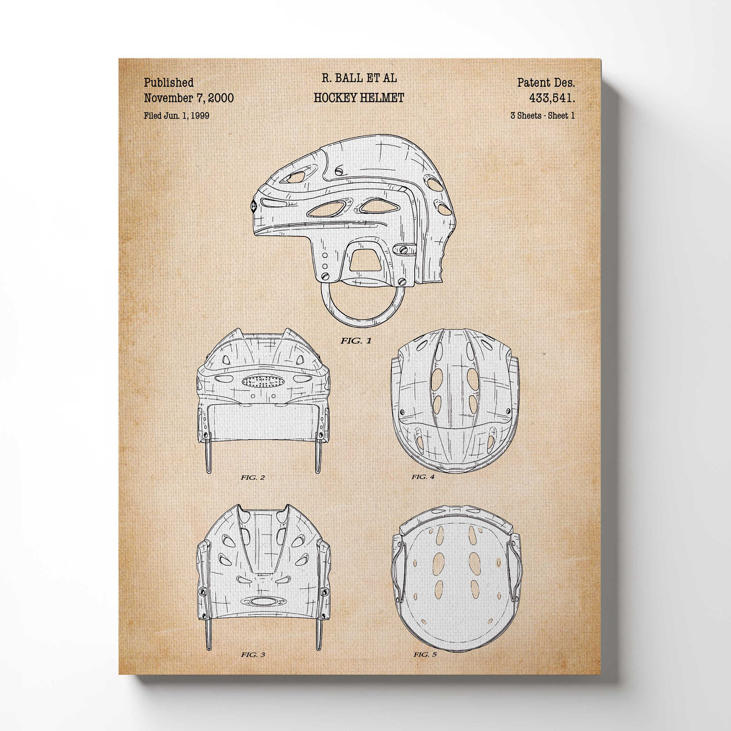 Hockey Wall Decor, Hockey Helmet Patent Canvas Print, Ready To Hang for Living Room Home Wall Decor, C2619