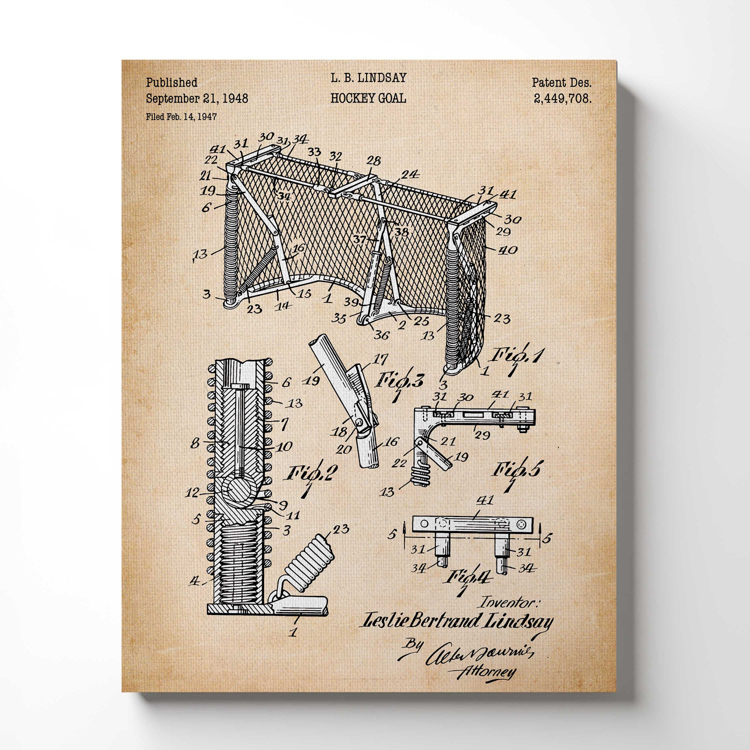 Hockey Room Decor, Hockey Net Patent Canvas Print, Ready To Hang for Living Room Home Wall Decor, C2620
