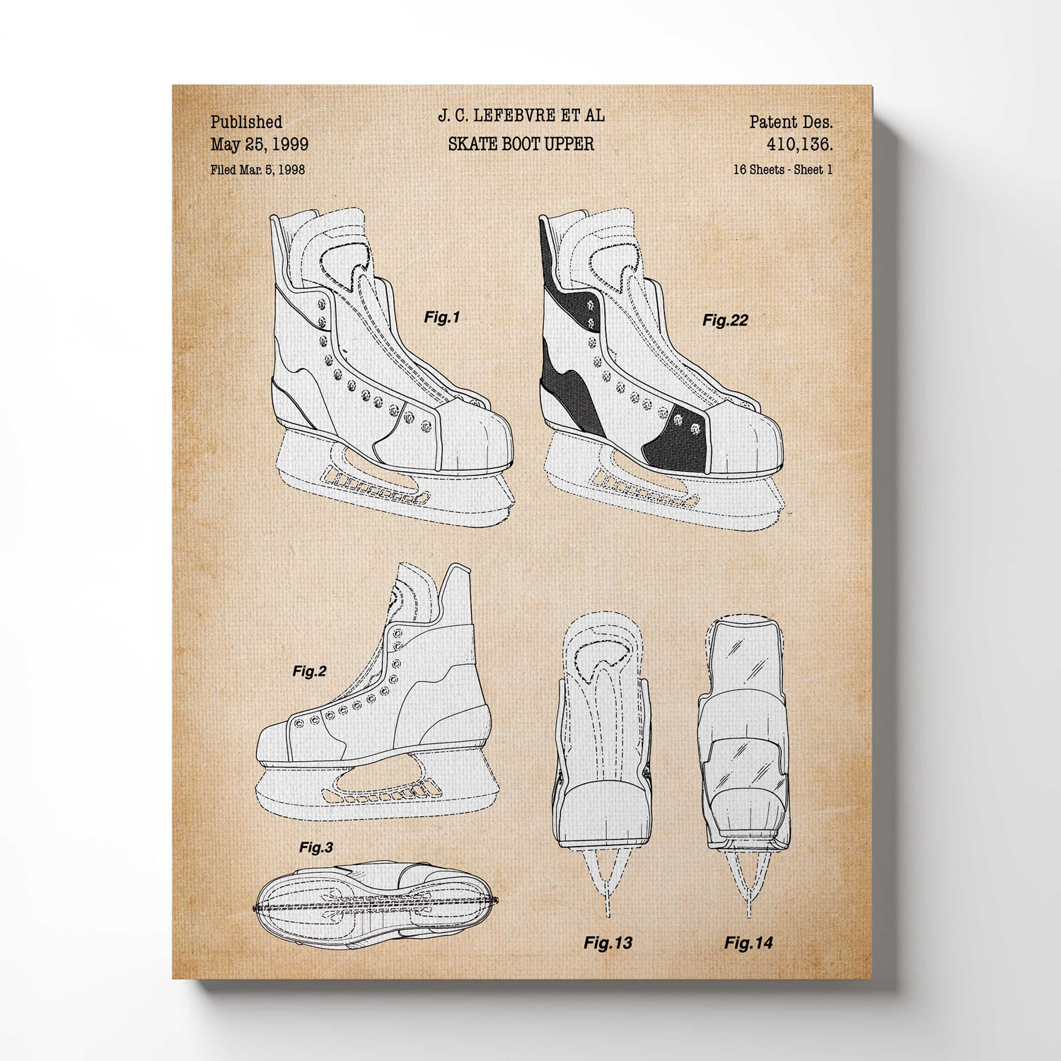 Hockey Decor for Boys Bedroom, Hockey Skates Patent Canvas Print, Ready To Hang for Living Room Home Wall Decor, C2621