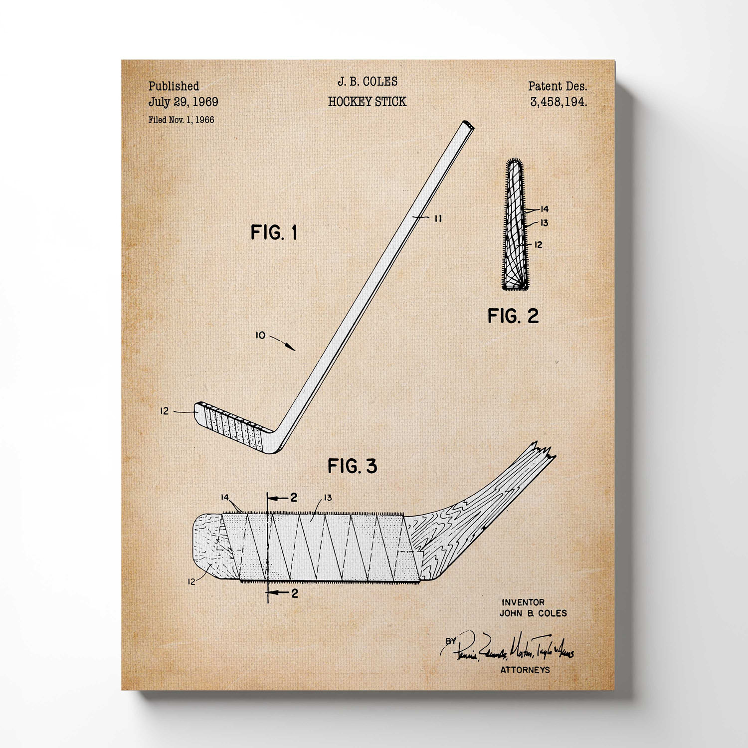 Hockey Decor, Hockey Stick Patent Canvas Print, Ready To Hang for Living Room Home Wall Decor, C2622