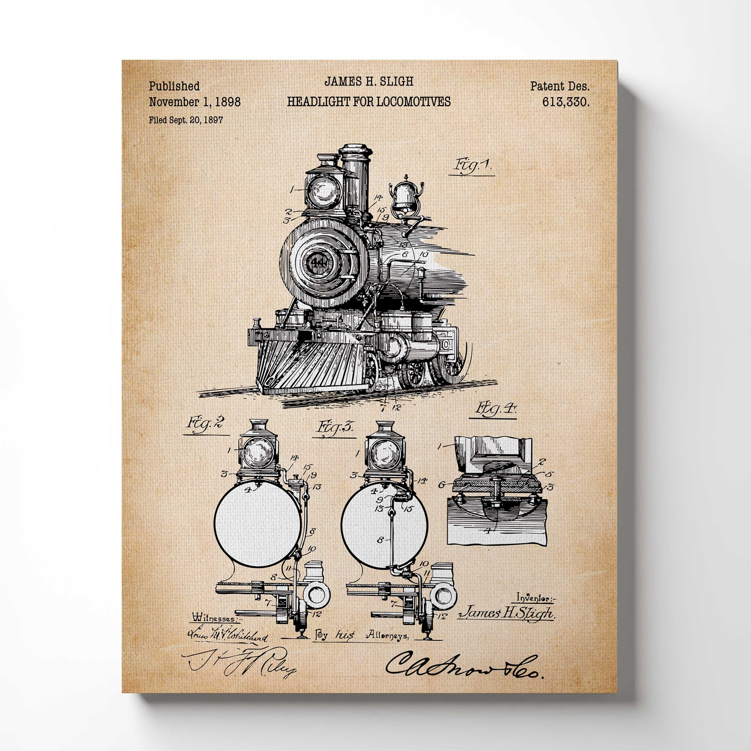 Train Picture Wall Art, Locomotive Patent Canvas Print, Ready To Hang for Living Room Home Wall Decor, C2659