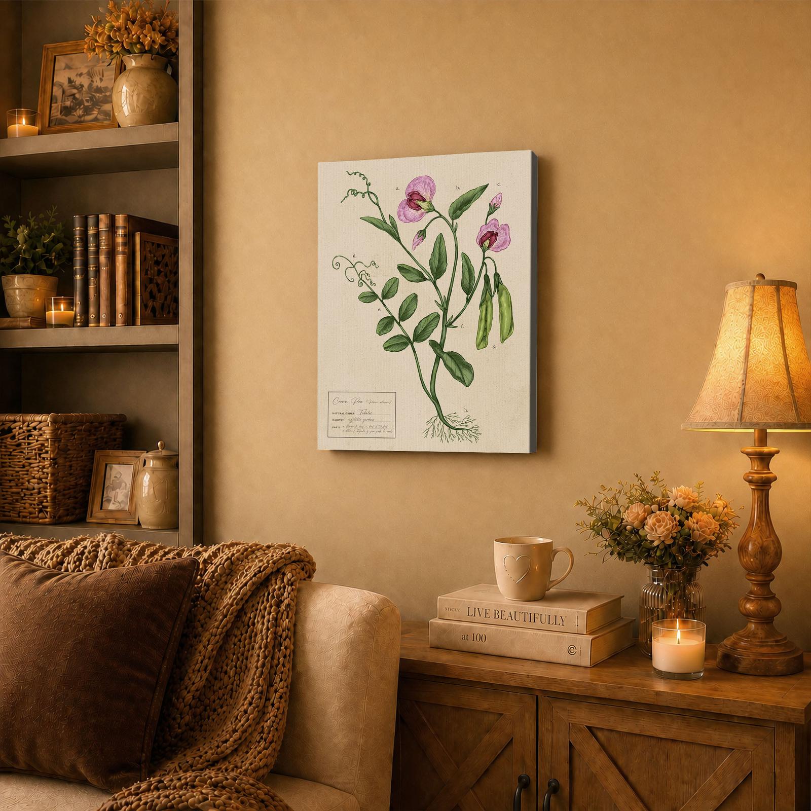 Garden Pea botanical canvas wall art displayed in a farmhouse kitchen