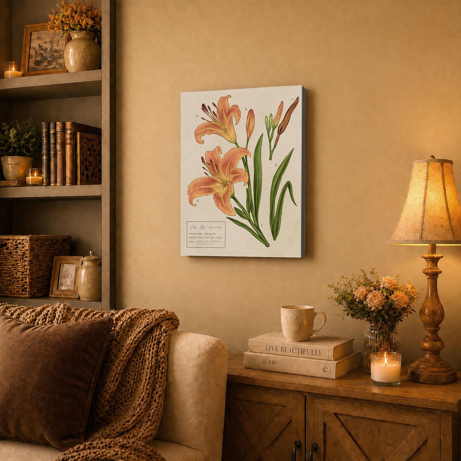 Day Lily botanical canvas wall art displayed in a sunroom