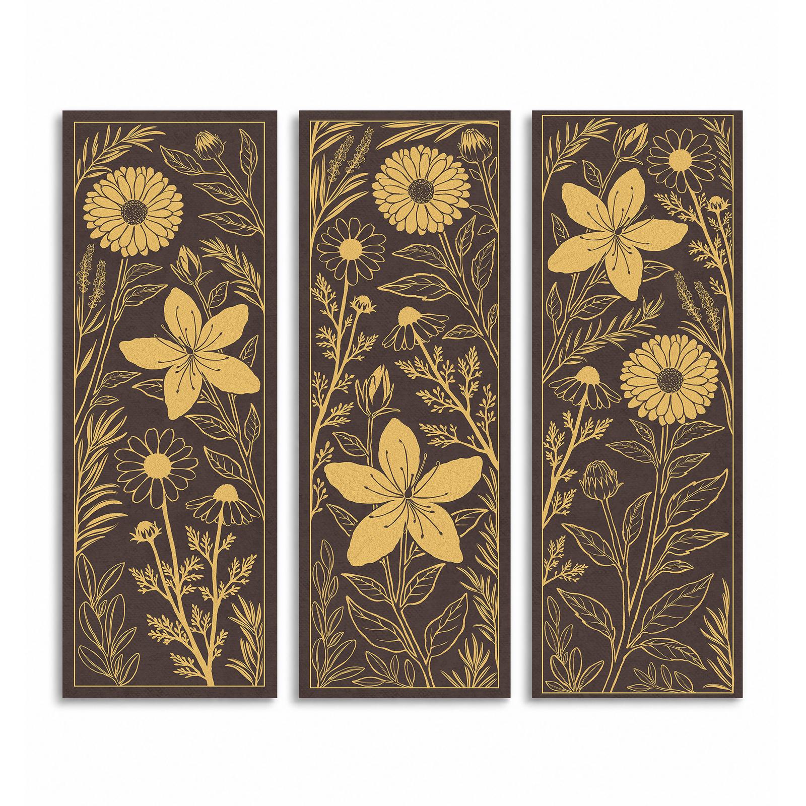 Golden Botanical Panels canvas print - 3 Piece Gold Botanical Canvas Wall Art by Crossroads Home Decor