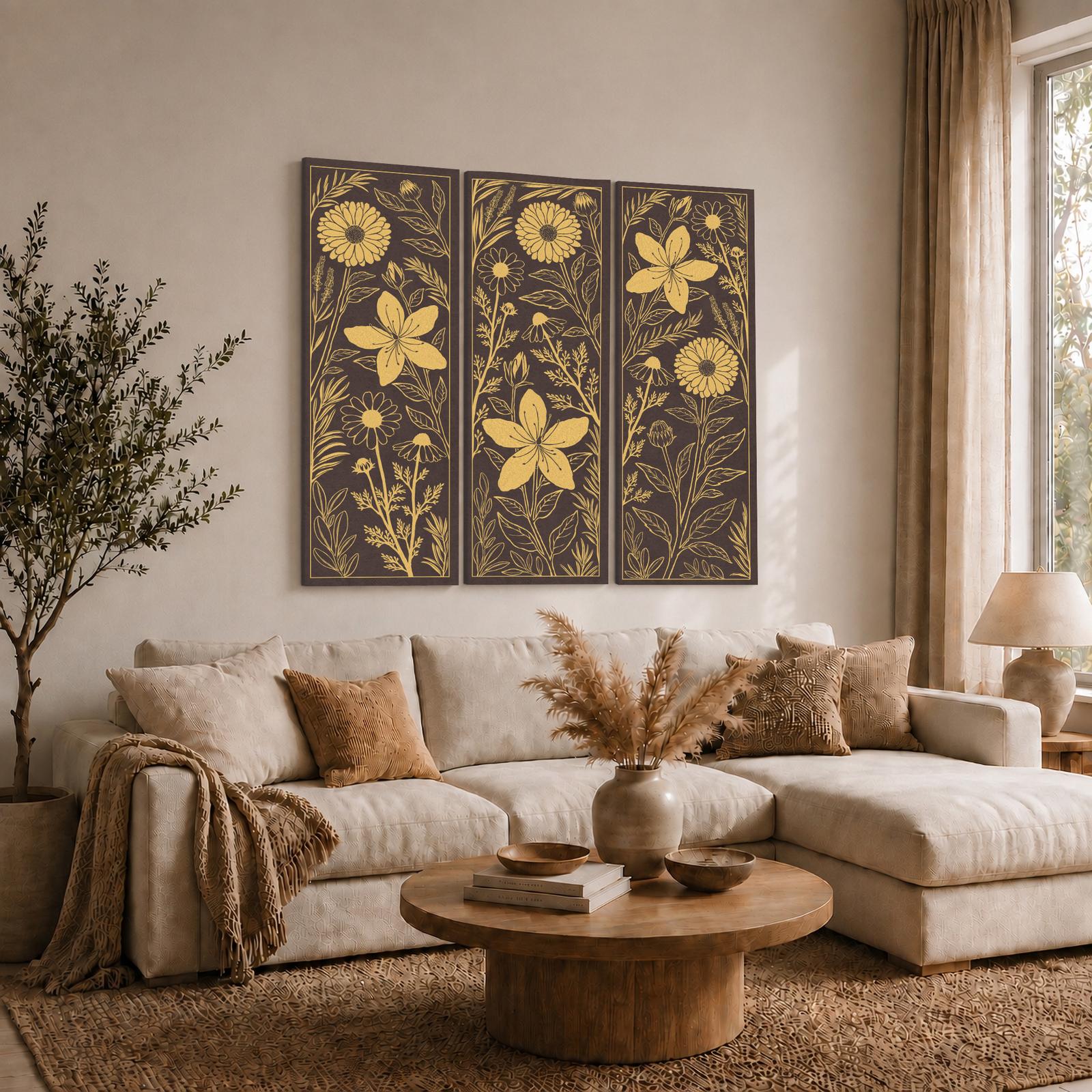 Golden Botanical Panels gift - canvas print for the art nouveau and dark academia decor lover