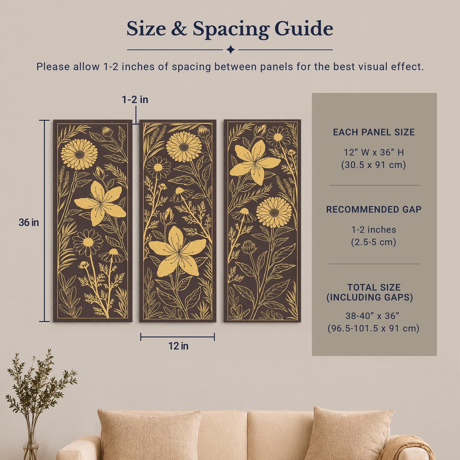 Golden Botanical Panels canvas wall art displayed in a moody living room
