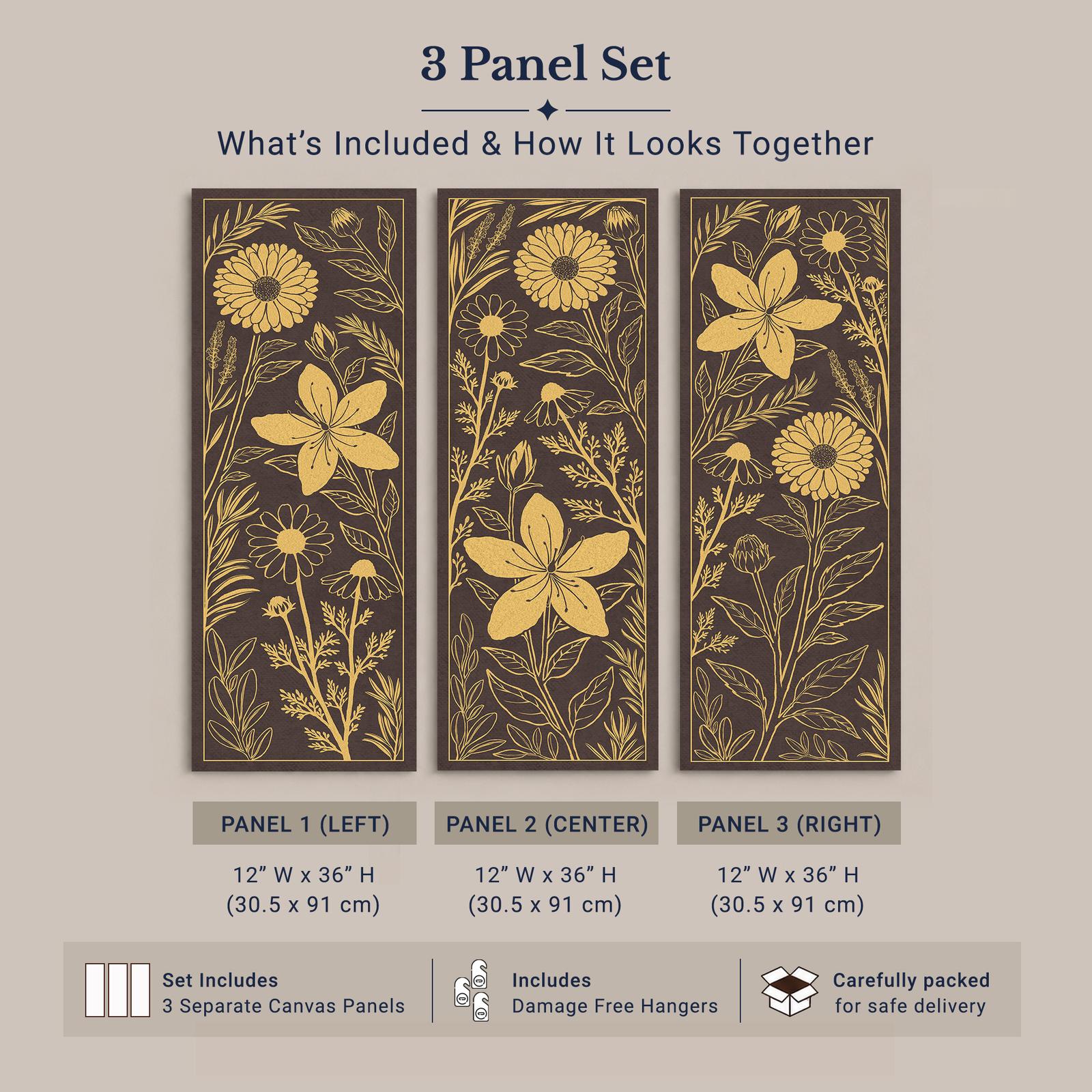 Golden Botanical Panels canvas print - matte ochre-gold botanical inspirational wall art
