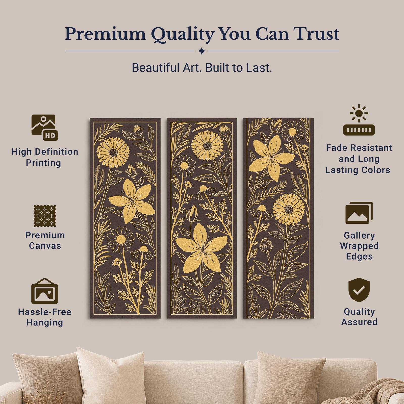 Golden Botanical Panels canvas print - gallery wrapped and floating frame styles