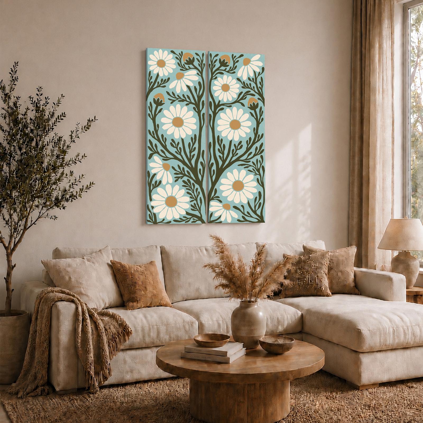C3503C-2-12x36-1 Folk Daisy Panels gift - canvas print for the retro or mid century modern decor lover