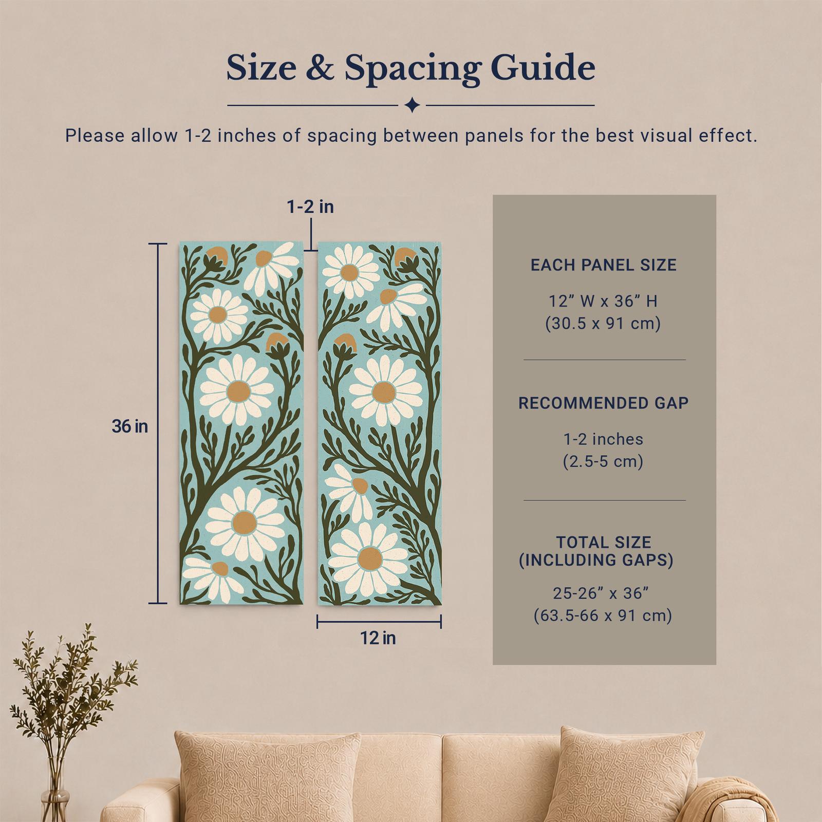 C3503C-3-12x36-1 Folk Daisy Panels canvas wall art displayed in a boho kitchen