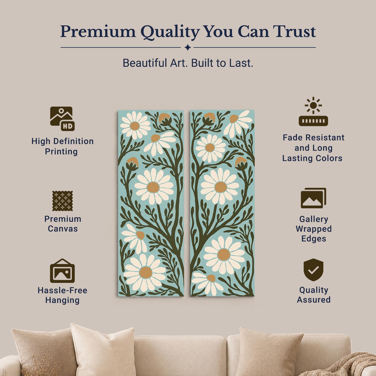 C3503C-8-12x36-1 Folk Daisy Panels canvas print - gallery wrapped and floating frame styles