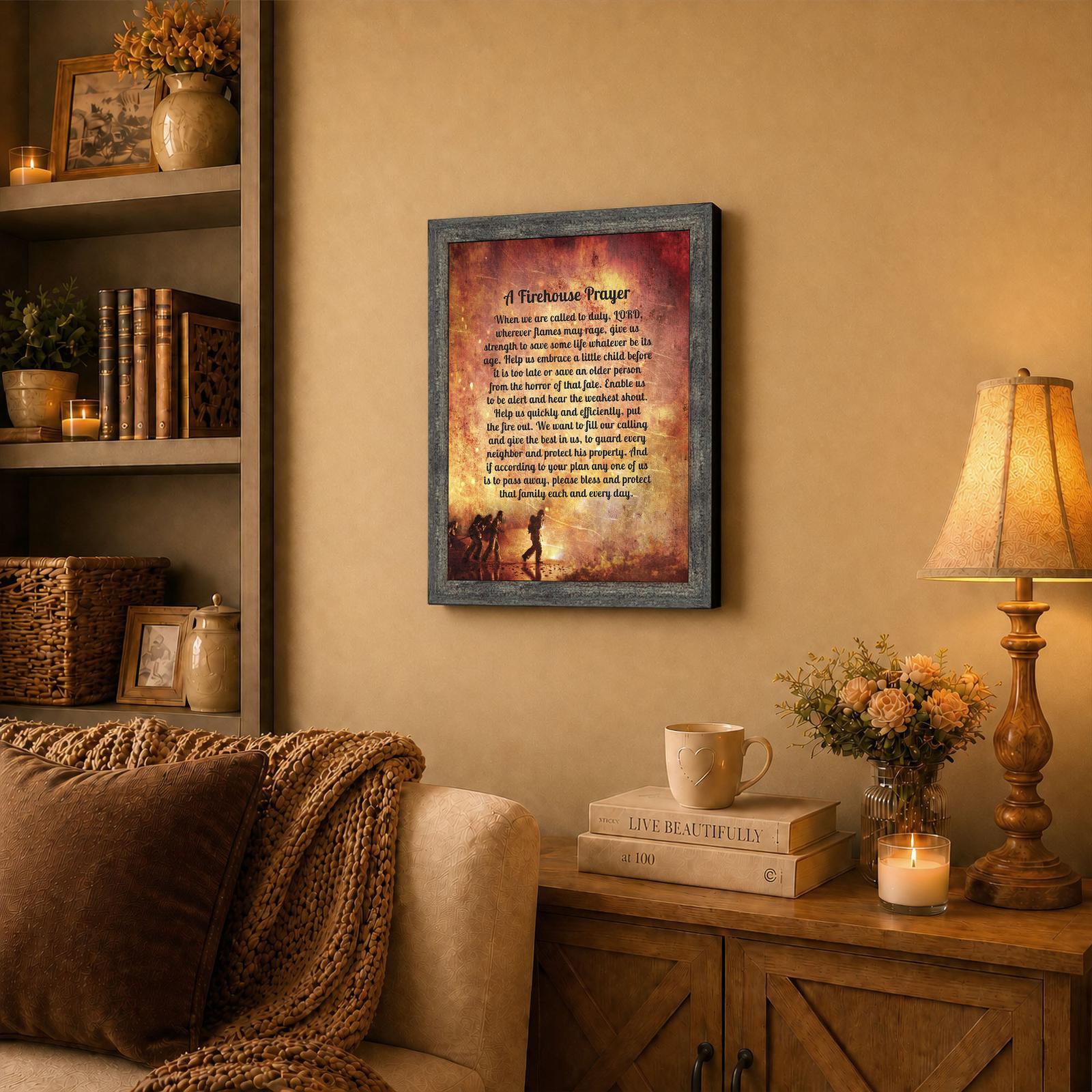 Firehouse crew prayer framed wall art displayed in a common room