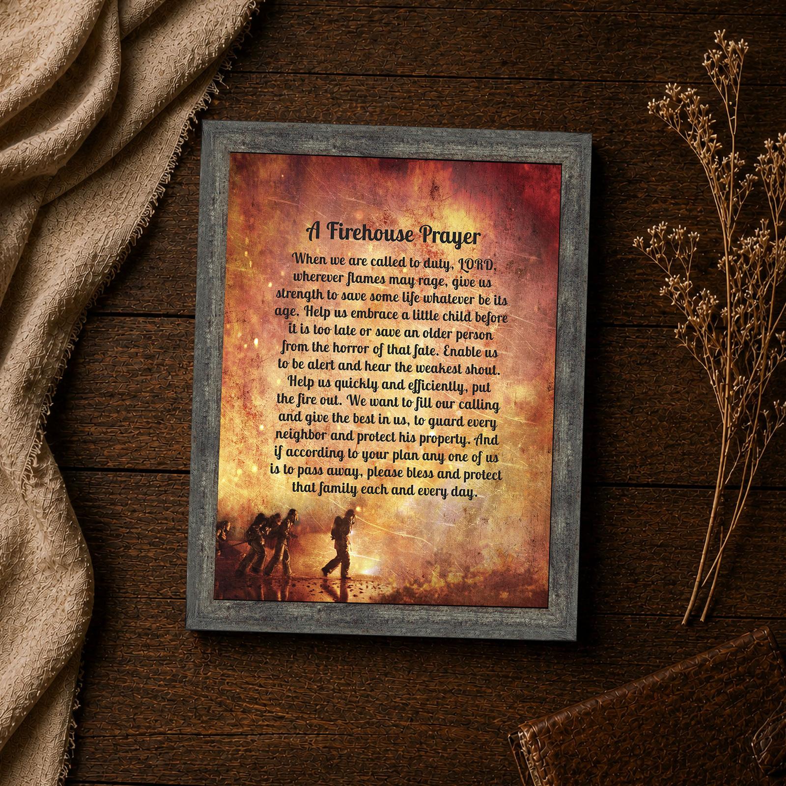 Close-up of A Firehouse Prayer text on the framed print