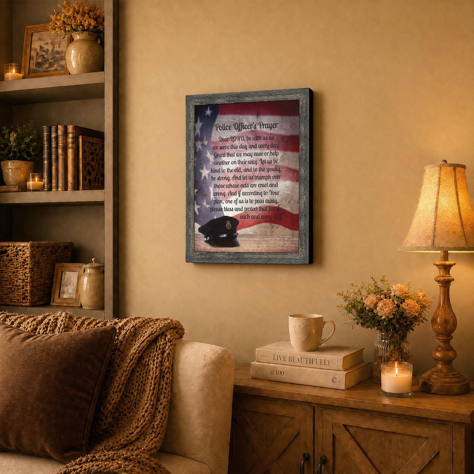 Police prayer wall art displayed in a station hallway