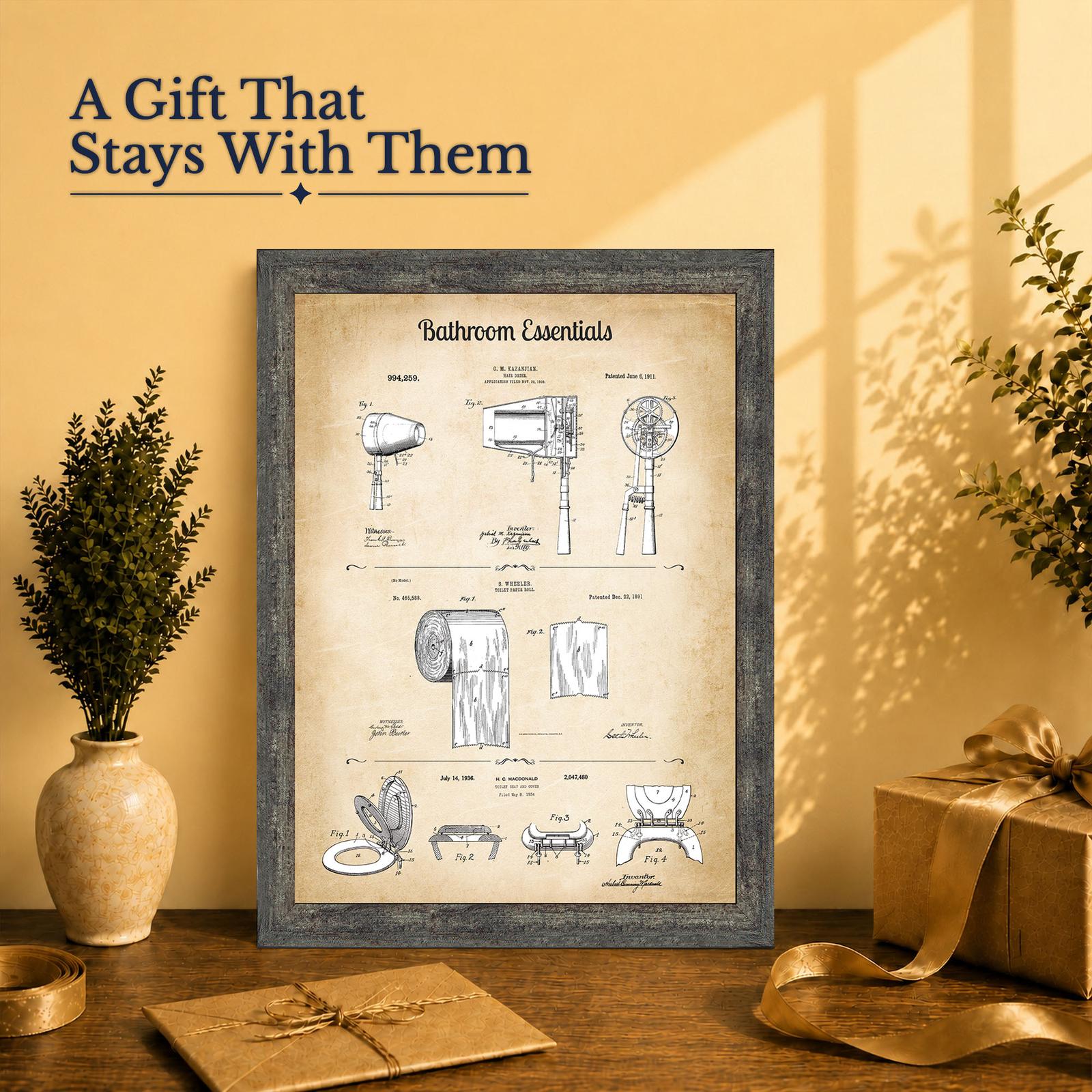 Funny bathroom decor gift - vintage patent print framed for dad or landlord
