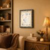 Vintage bathroom patent print framed wall art displayed in a guest bathroom