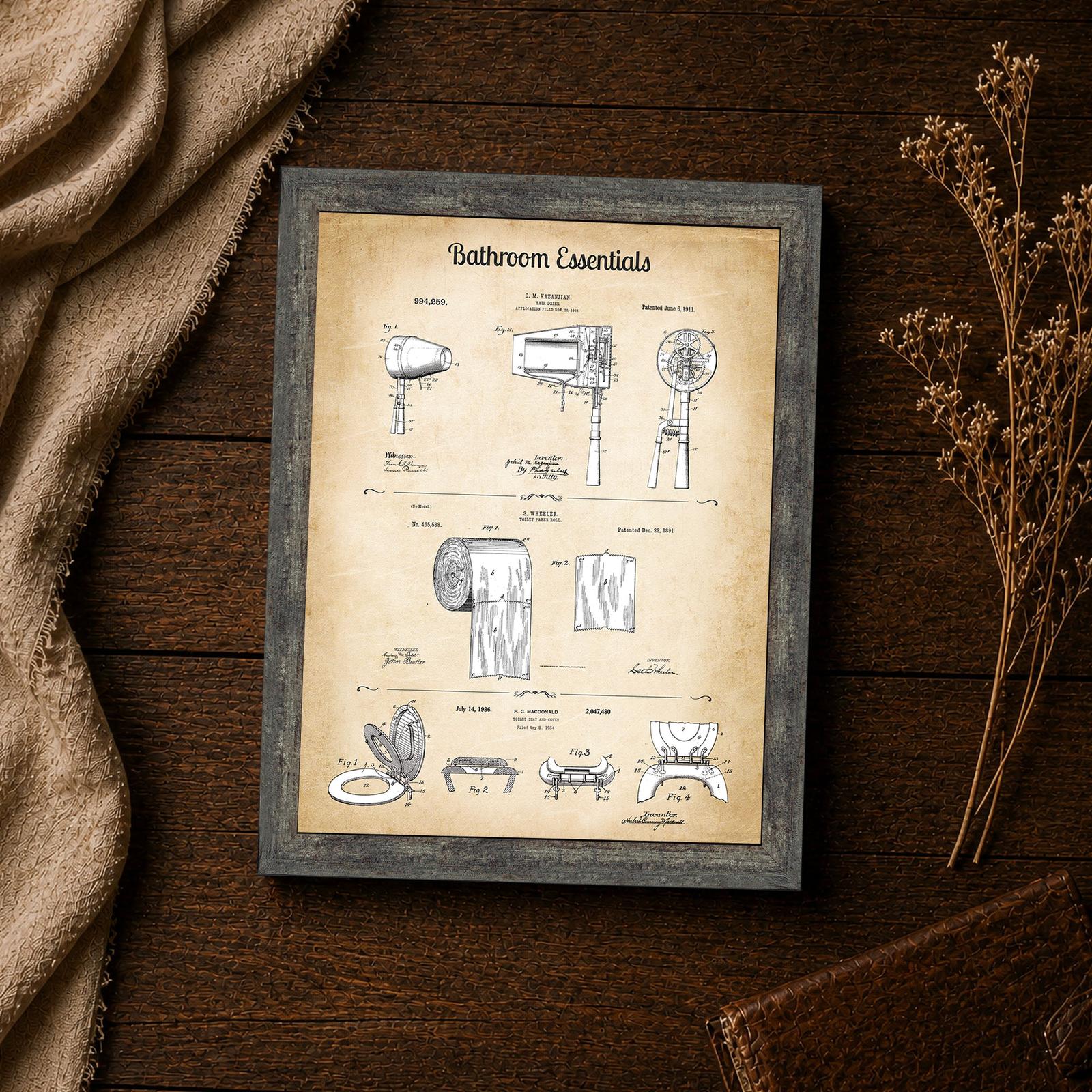 Bathroom Essentials patent print - hair drier, toilet paper roll, and toilet seat closeup