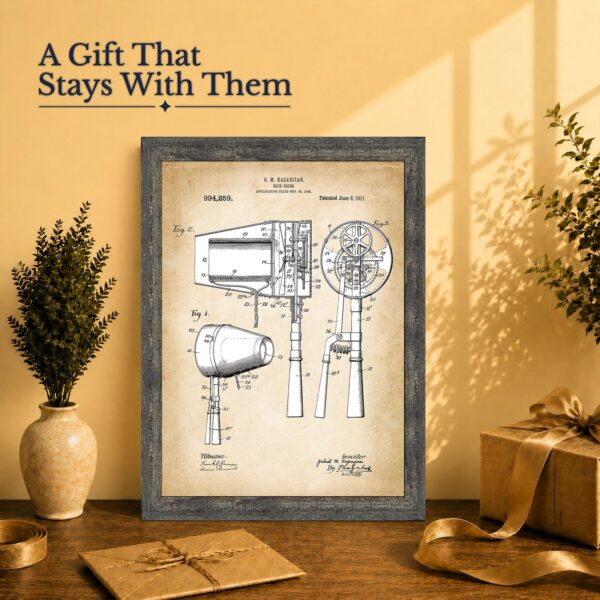 Barbershop gift - hair dryer patent framed for a barber or stylist