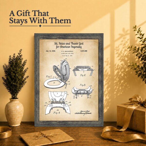 Funny bathroom decor gift - toilet seat patent framed for dad or landlord