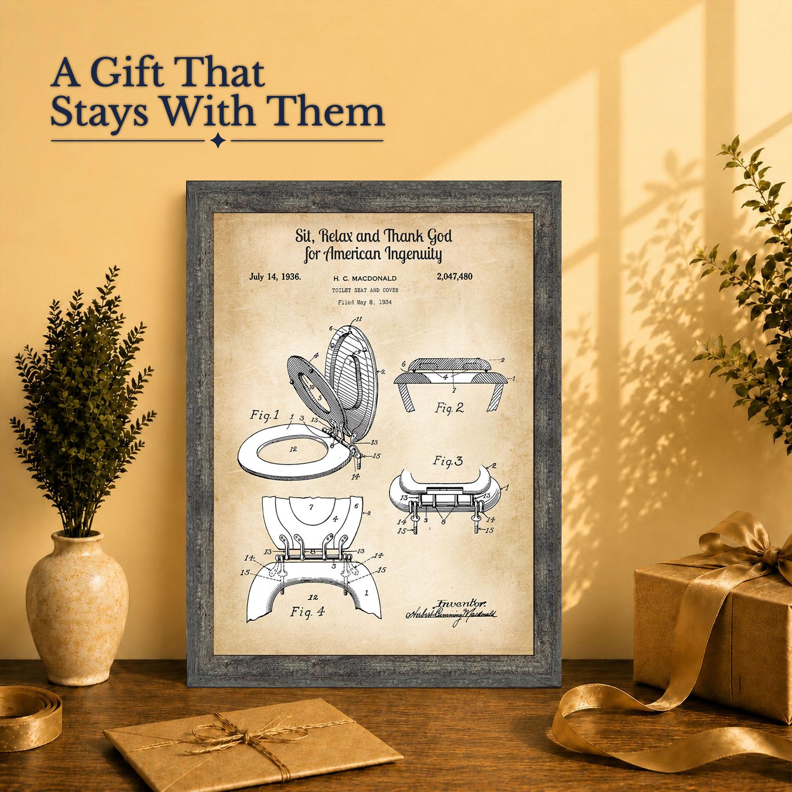 Funny bathroom decor gift - toilet seat patent framed for dad or landlord