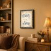 motorcycle patent piece framed wall art displayed in a garage