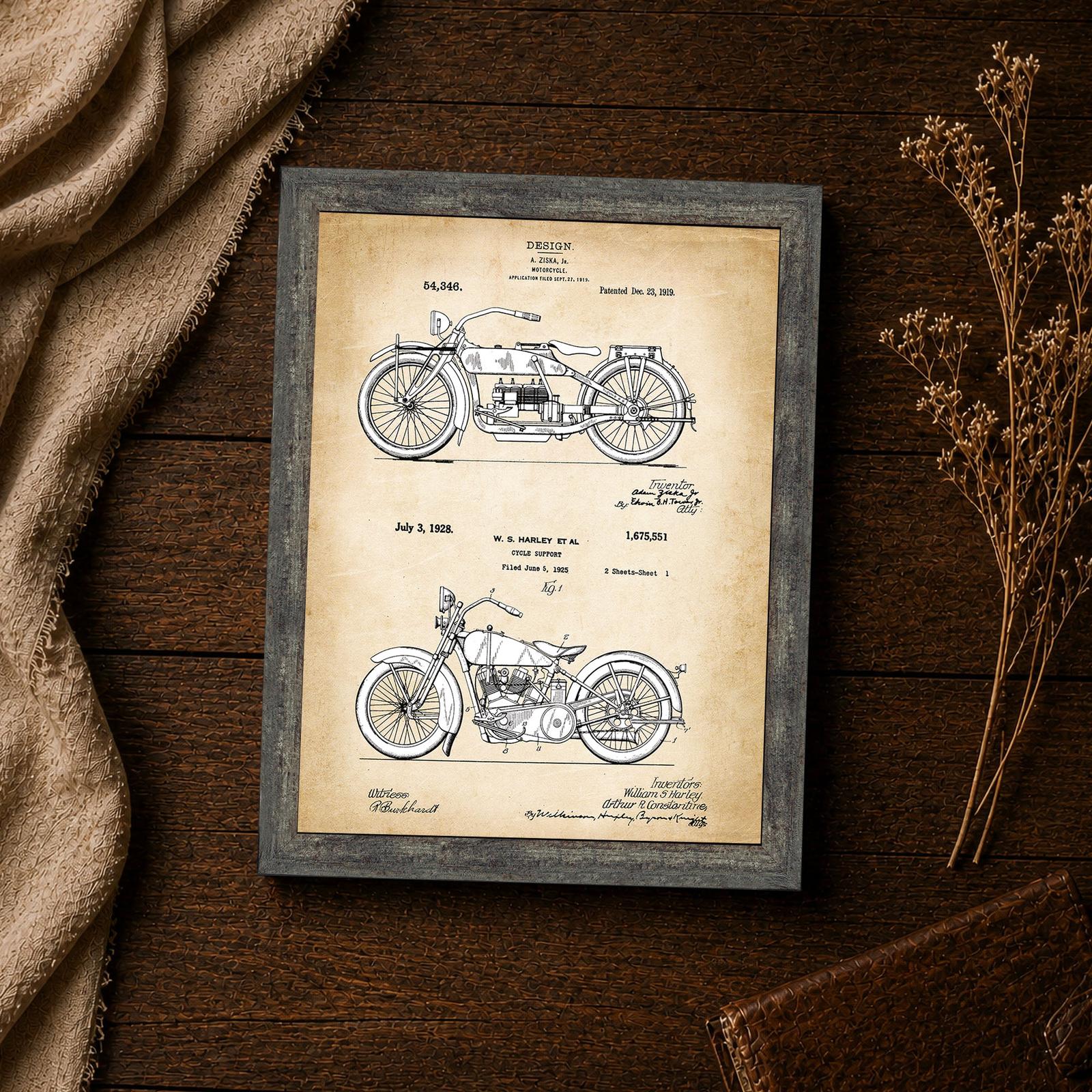 1919 motorcycle design and 1928 cycle support patent details closeup
