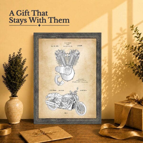 Motorcycle gift - engine patent print framed for a dad or husband